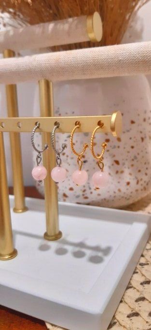 Boucles en acier et quartz rose Ana